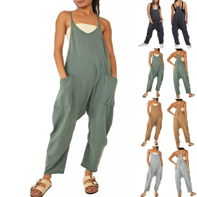 myhomenow.ch Für Sie Summer Women's Loose Sleeveless Jumpsuits Spaghetti Strap Long Pant Romper Jumpsuit With Pockets Zipper