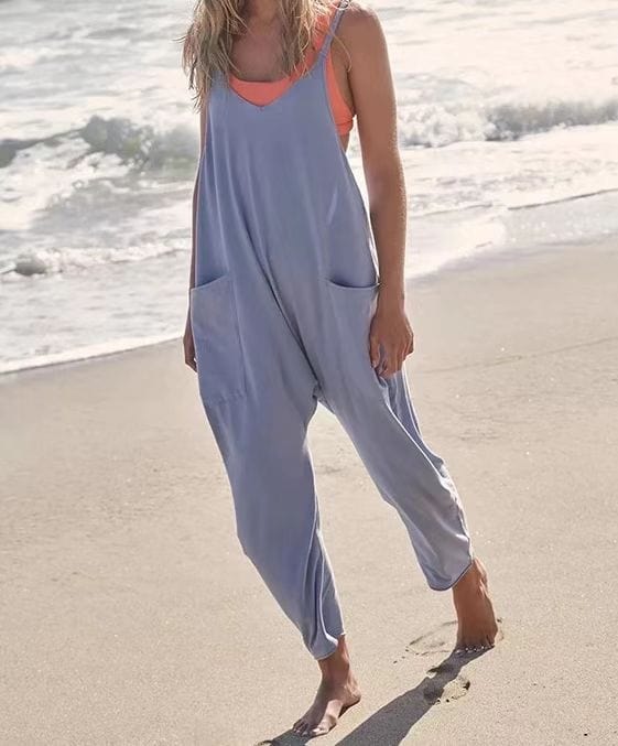 myhomenow.ch Für Sie Light blue / L Summer Women's Loose Sleeveless Jumpsuits Spaghetti Strap Long Pant Romper Jumpsuit With Pockets Zipper