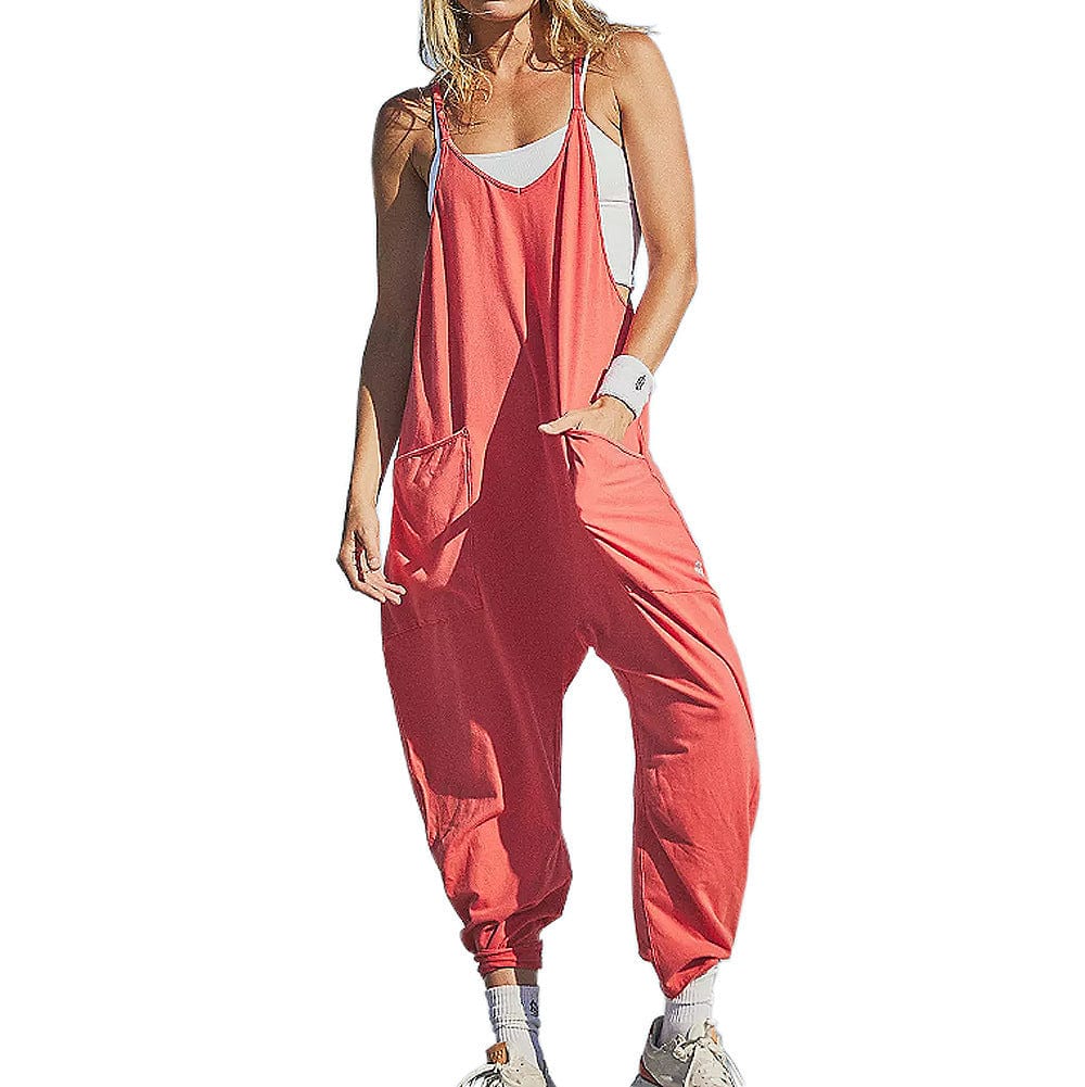 myhomenow.ch Für Sie Orange red / L Summer Women's Loose Sleeveless Jumpsuits Spaghetti Strap Long Pant Romper Jumpsuit With Pockets Zipper