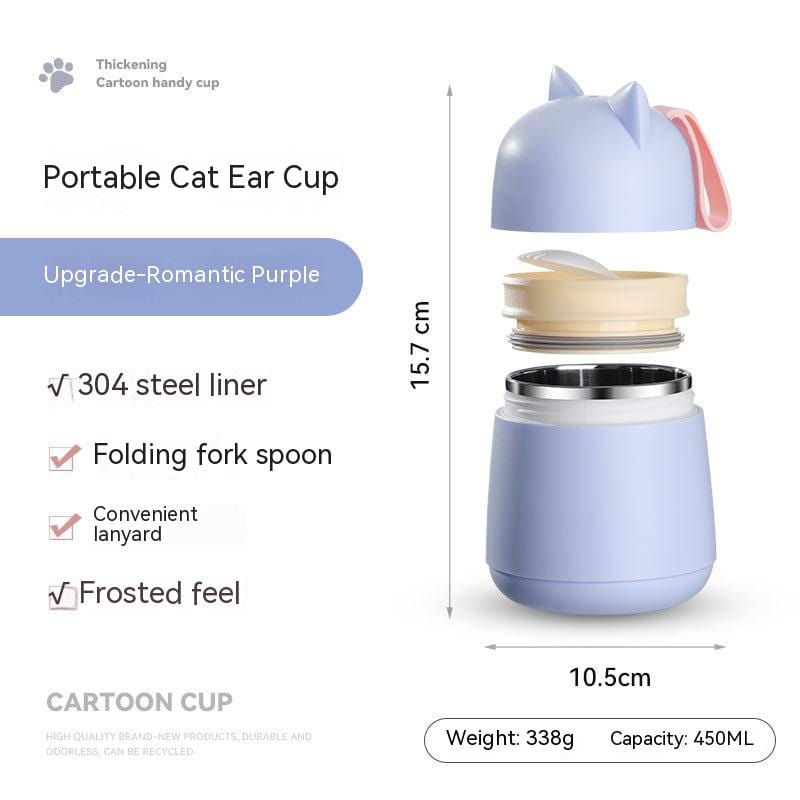 myhomenow.ch Haushalt Blue Stainless Steel Liner / 450ml 304 Stainless Steel Cartoon Cat Ear Insulation Soup Cups With Cover Spoon