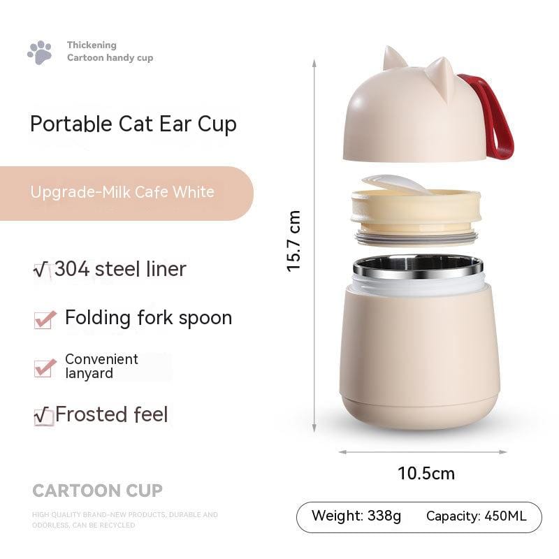 myhomenow.ch Haushalt Cream Stainless Steel Liner / 450ml 304 Stainless Steel Cartoon Cat Ear Insulation Soup Cups With Cover Spoon