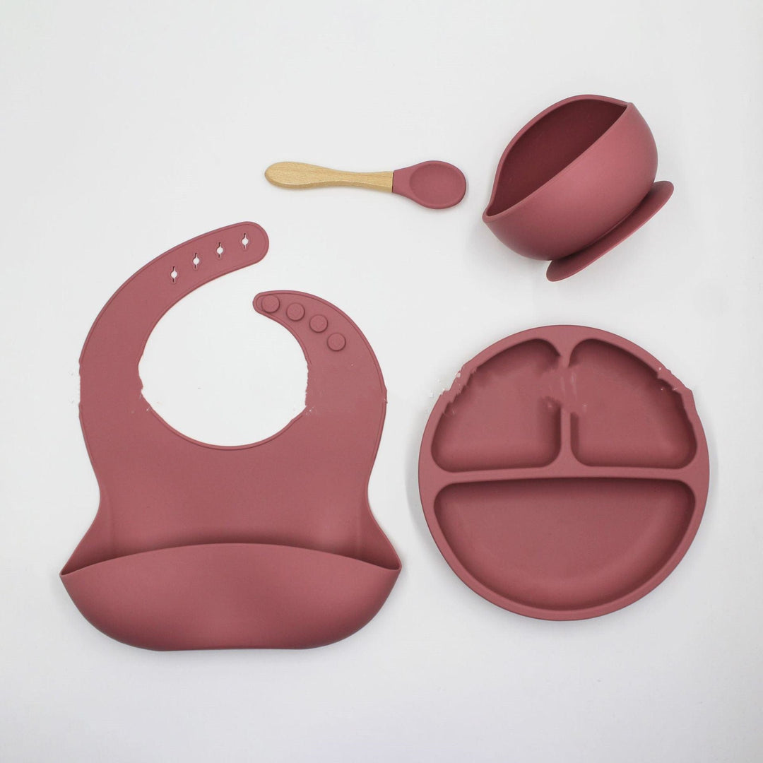 myhomenow.ch Kinder Bib Dinner Plate Spoon Bowl 4 Piece Set Silicone Baby Bowl Bib Plate Set