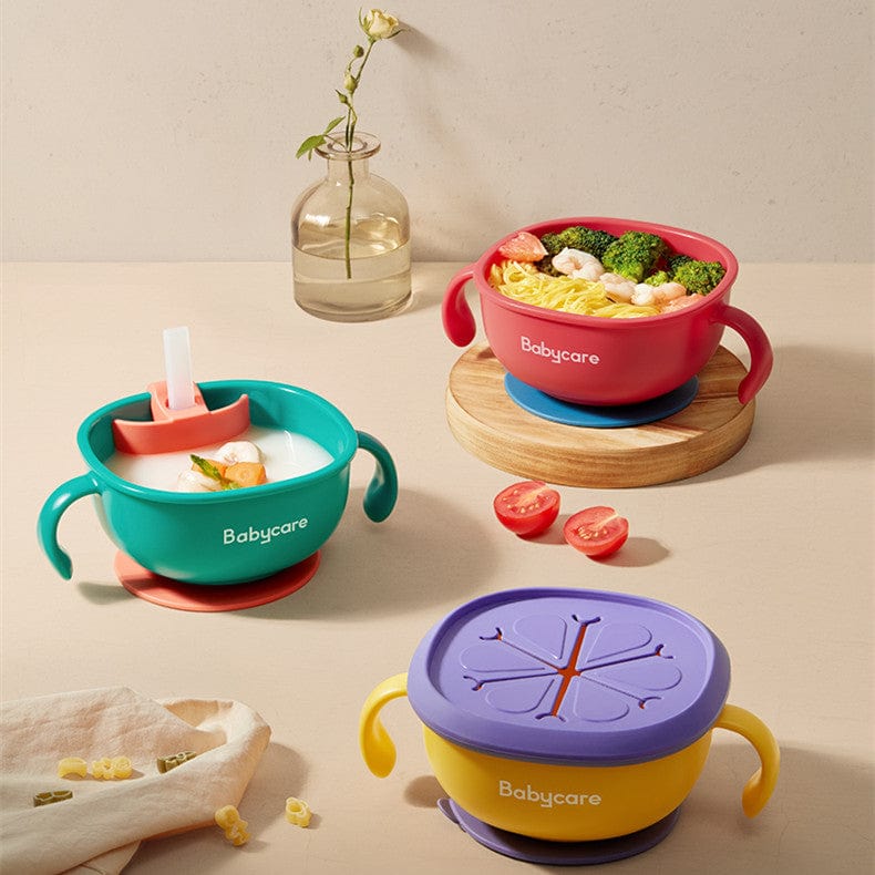 myhomenow.ch Kinder Babycare 3 in 1 Baby Feeding Snack Soup Bowl with Straw Infant Learning Dishes Suction Bowl Handle Tableware Petal Snack Bowl