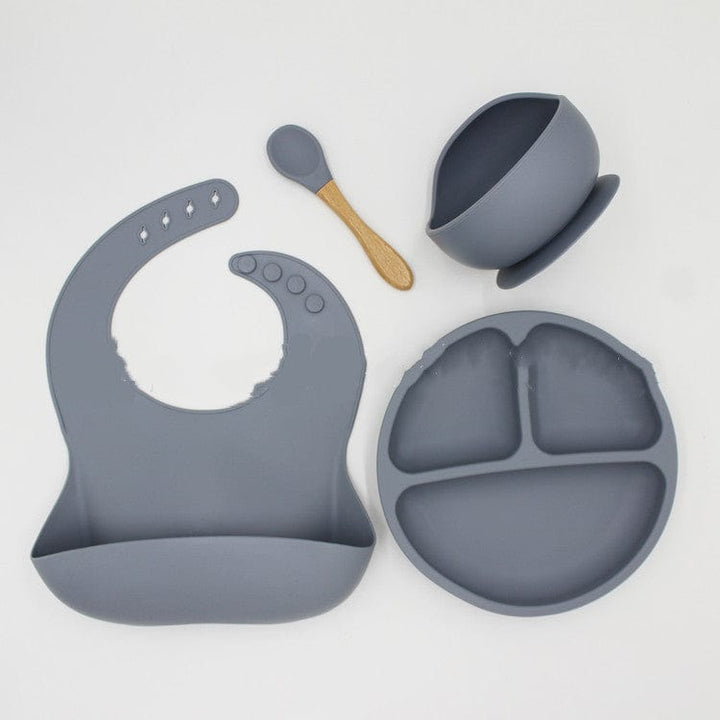 myhomenow.ch Kinder Dark Grey Bib Dinner Plate Spoon Bowl 4 Piece Set Silicone Baby Bowl Bib Plate Set