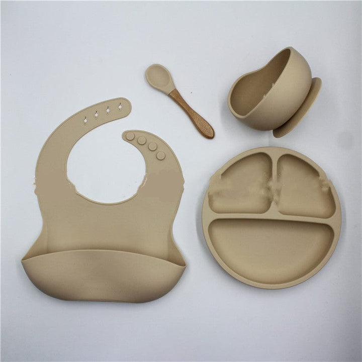 myhomenow.ch Kinder Khaki Bib Dinner Plate Spoon Bowl 4 Piece Set Silicone Baby Bowl Bib Plate Set